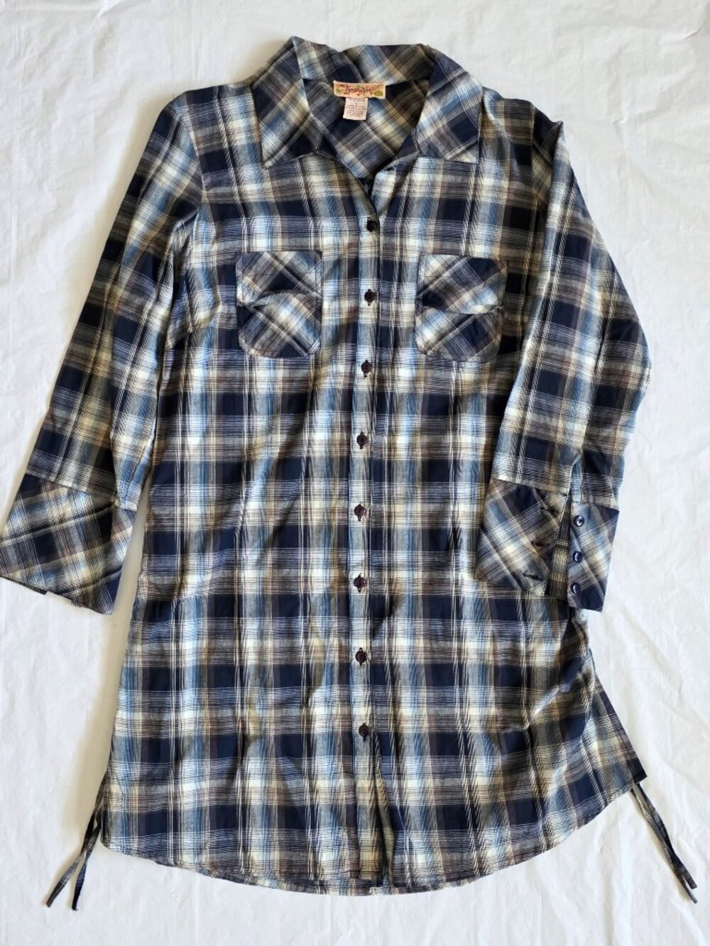 Women's Blue Plaid 3/4 Sleeve T-Shirt Dress, Large